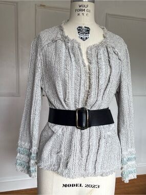NIC+ZOE Light Gray Fringed Knit Sweater